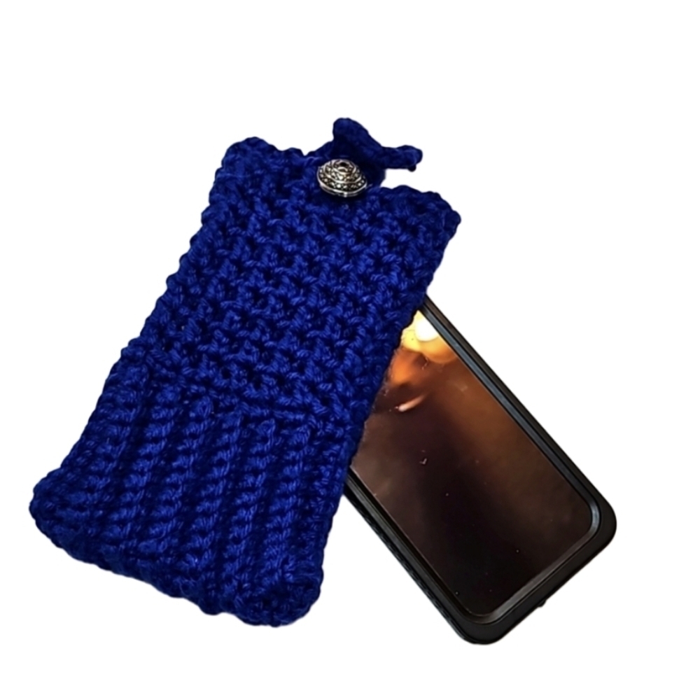 Hand Crafted hand knit crochet phone handbag color electric blue handmade beaded